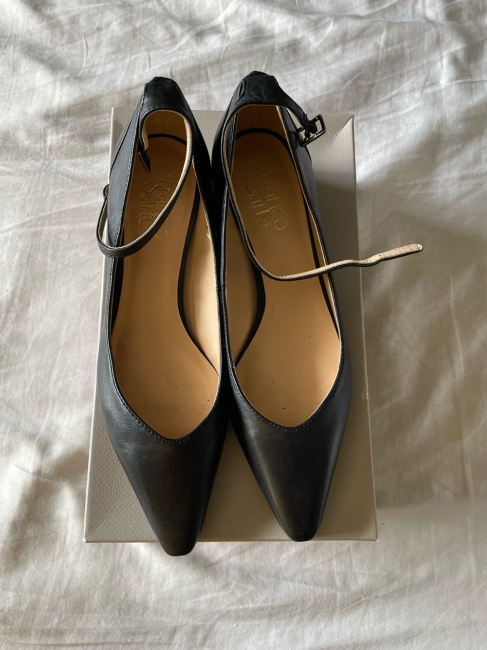 Franco Sarto Black Pointed Leather Ankle-Strap Pumps